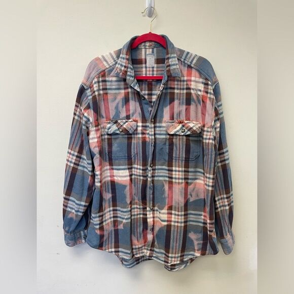 Custom Bleached Flannel Oversized Button Down Unisex Grunge Streetwear Plaid - Picture 1 of 8